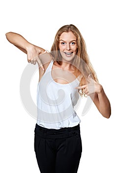 Woman pointing at herself