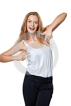 Woman pointing at herself
