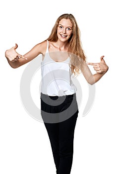 Woman pointing at herself