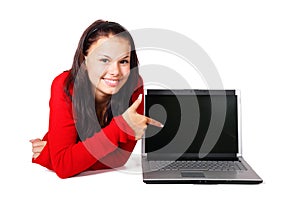 Woman pointing at laptop photo