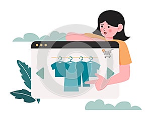 woman pointing at the screen to buy online store. shopping online concept. Remote modern shopping using technology from