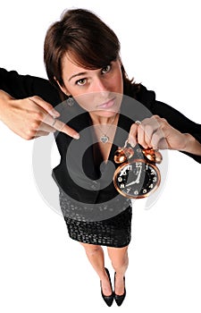 Woman Pointing to Alarm Clock