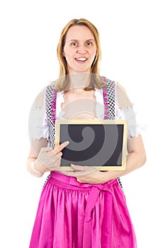 Woman pointing to clean blackboard