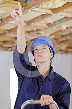 Woman pointing to wall