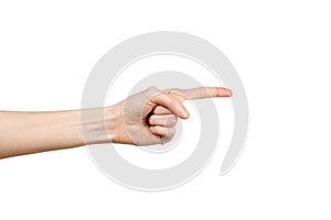 Woman pointing on virtual object with forefinger, isolated on white background