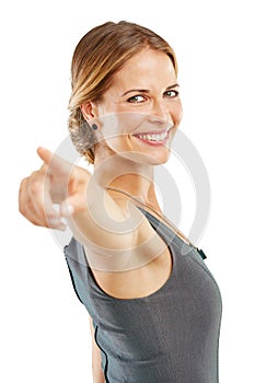 Woman pointing, you and studio portrait to show winner, opportunity or choice for success, vote and direction. Hiring