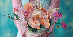A woman poised hands present a stunning bouquet of orchids photo