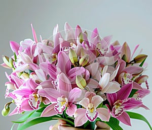 A woman poised hands present a stunning bouquet of orchids photo