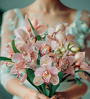 A woman poised hands present a stunning bouquet of orchids photo