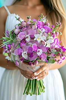 A woman poised hands present a stunning bouquet of orchids photo