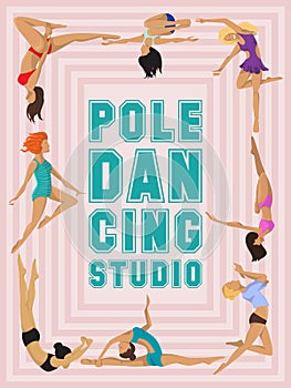 Woman pole dancing studio poster sexy female vector illustration. Professional sensuality human strong performance