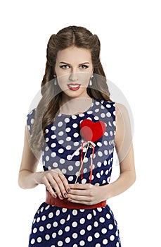 Woman in Polka Dot Dress with Heart, Retro Girl Pin Up Hair Style, Beauty Make Up and Hairstyle, Isolated Over White Background