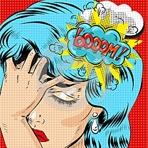 Woman in pop art retro comic style. Woman Oh emotional reaction speech bubble.