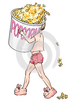 Woman with popcorn hand-drawn illustration. The girl is carrying a very large packet of popcorn. A girl in cute fluffy house