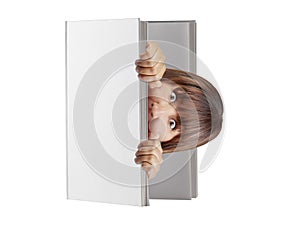 Woman popping out blank hard cover book looking surprised scared isolated