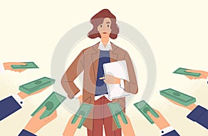 Woman popular specialist with money at human hands vector flat illustration. Female demanded professional hold laptop