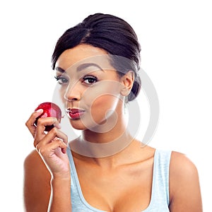 Woman, portrait and apple in studio with detox for organic diet, wellness and natural food. Vegetarian, balance and