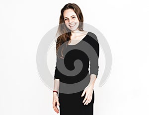 Woman portrait in black dress studio posing with long hair attractive isolated on white