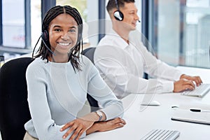 Woman portrait, call center and customer service at office while consulting online for CRM or contact us. Happy team at