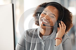 Woman, portrait and call center with smile in office, headphones and microphone for young crm. African girl, customer