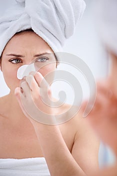 Woman, portrait and closeup of nose strip for beauty, pores and blackhead with smile and cosmetics. Person, face and