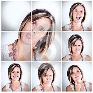 Woman, portrait and collage with funny faces, expressions or mood of personality on montage. Young female person in