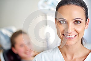 Woman, portrait and dentist for oral care in office, smile and ready for consultation on hygiene. Female person