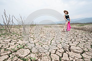 Woman portrait in dryland with drought ground texture. concept climate changed.