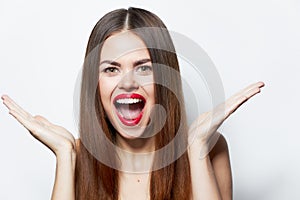 Woman portrait Emotions gesticulate with hands Big smile spa treatments