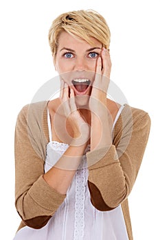 Woman, portrait and face in surprise for notification, news or alert isolated on a white studio background. Female