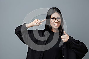 Business woman beautiful glasses portrait studio smile student fashion face background cute asian