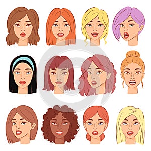 Woman portrait female character face of girl with hairstyle and cartoon person illustration set of beautiful facial