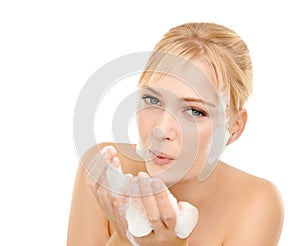 Woman, portrait and foam on face for skincare with cleanser, cosmetics and soap for clear skin. Female person, white