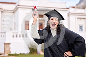 Woman, portrait and graduation with diploma, cheers and excited for future, goals and education at college. Girl