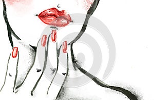 Woman portrait with hand . Abstract watercolor. Fashion illustration. Red lips and nails watercolor painting.