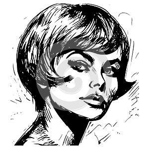 Woman portrait in hand drawing or engraving style. 60s styled beautiful comic book character, black and white