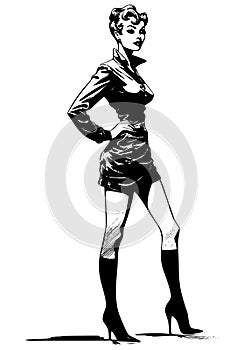 Woman portrait in hand drawing or engraving style. 60s styled beautiful comic book character in black and white.