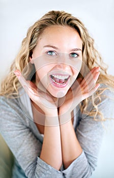 Woman, portrait or hands face for playful fun, confidence or attractive smile. Female person, happy emoji gesture or