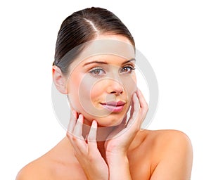 Woman, portrait and hands touching skin, healthy glow and wellness for dermatology on white background. Skincare