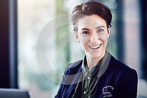 Woman, portrait and happiness in workplace for agency, creative and startup company. Professional, female person and