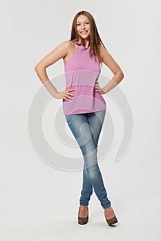 Woman, portrait and happy with fashion in studio or confidence with high heels, beauty or mockup space. Female person