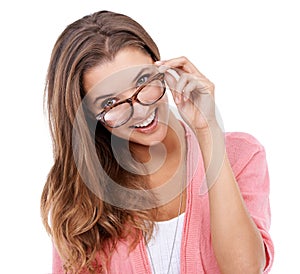 Woman, portrait and happy for glasses in studio, eyecare and prescription on white background. Female person