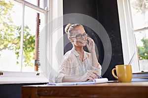 Woman, portrait and happy in home office with phone call for business networking, remote communication and multitasking