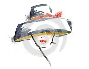 Woman portrait with hat .Abstract watercolor .Fashion illustration. photo