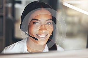 Woman, portrait and headset at call center for telemarketing, customer service or sales. Female person, computer and