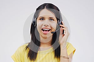 Woman, portrait and headset in call center on white background with telemarketing or help desk. Customer service