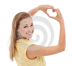 Woman, portrait and heart hands for love in studio, kindness and peace emoji or symbol. Happy female person, support