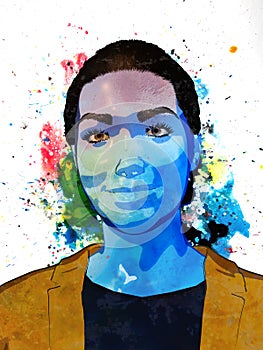 Woman portrait illustration watercolor painting abstract background lady blue face on colorful splash stain paint