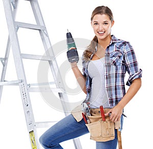 Woman, portrait and ladder or drill for construction renovation or contractor for building, maintenance or tool belt