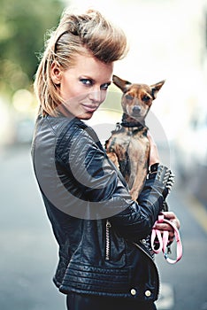 Woman, portrait and leather jacket with pet, smile and rock n roll for unique in punk fashion and love for pet chihuahua